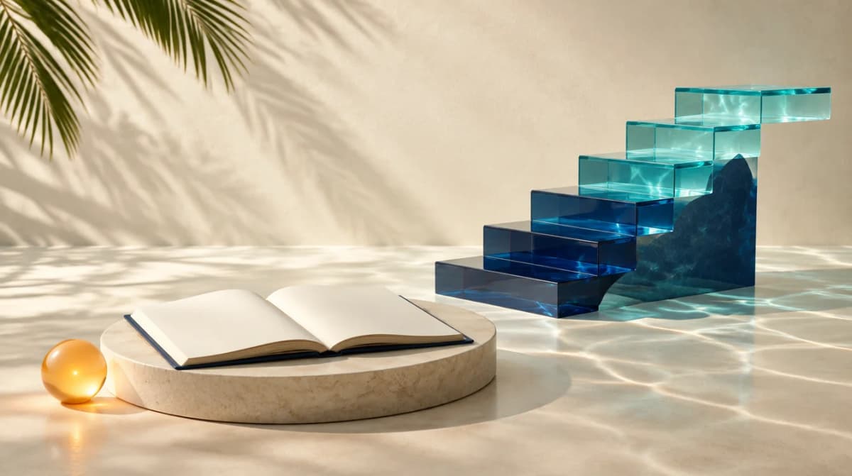 Conceptual workbook and glass steps representing digital learning