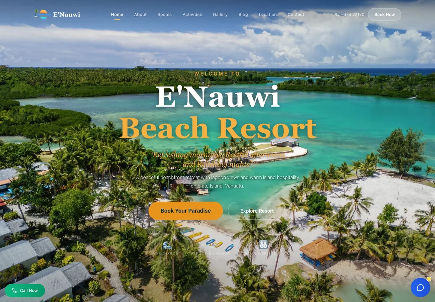 EโNauwi Beach Resort website homepage on desktop