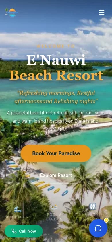 EโNauwi Beach Resort website homepage on mobile