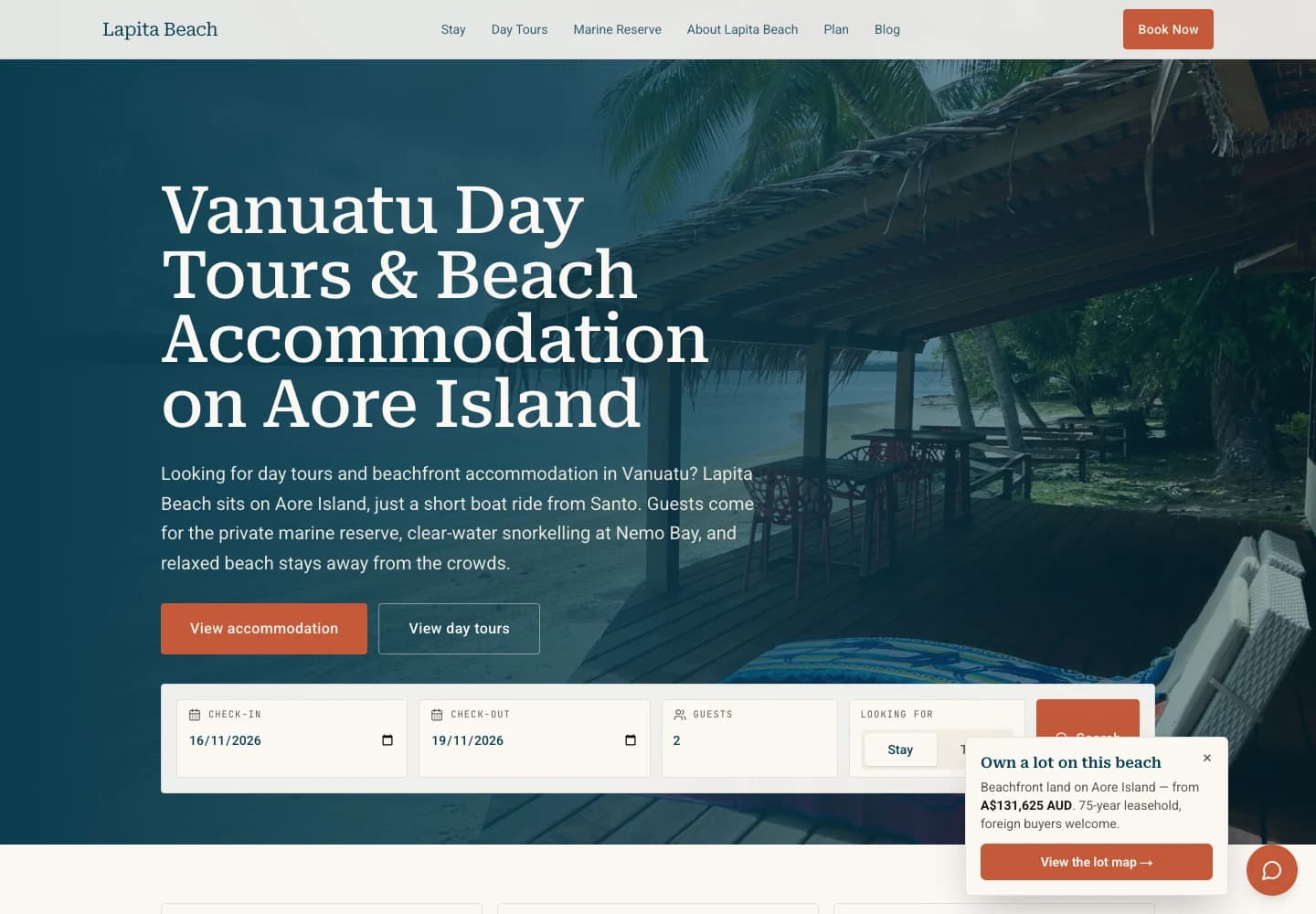 Lapita Beach website homepage on desktop
